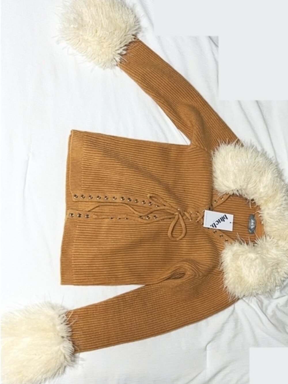 Blue B Women’s Small Camel Ribbed Cardigan Faux Fur Collar Cuffs Lace Up NWT
